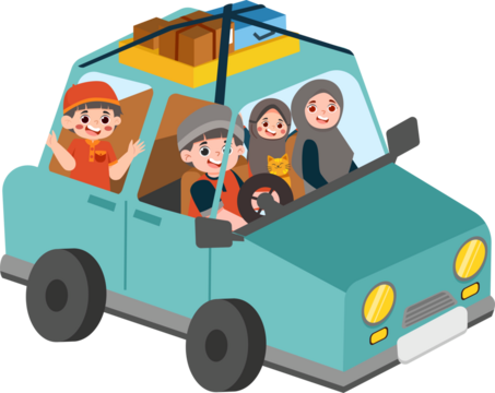 Cartoon Family Road Trip: Blue Car, Luggage, and Joyful Faces.