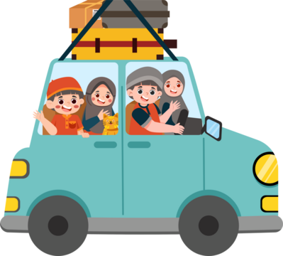 Cartoon family road trip: Car with luggage, smiling kids and parents, travel vector. - Powered by Adobe
