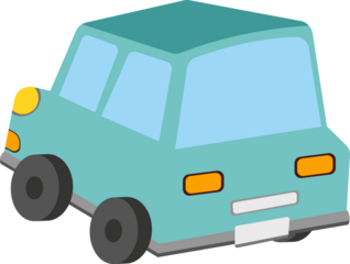 Cartoonish teal vehicle with yellow lights and gray shadow.