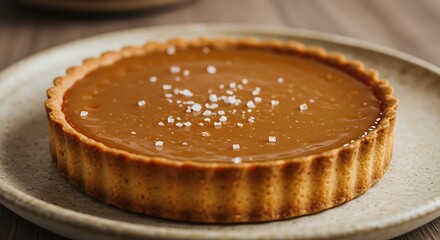 Salted Caramel Tart: A delectable, golden-brown tart filled with luscious salted caramel, presented on a rustic plate, and ready for dessert.