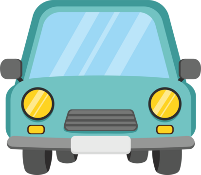 Teal compact car, simplified cartoon style, front view, light blue windshield.