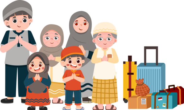 Cartoon Muslim Family Traveling with Luggage, Eid Mubarak Celebration.