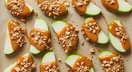 Caramel Apple Slices: Delightful close-up view of sliced green apples drizzled with rich, golden caramel and sprinkled with crunchy peanut pieces, offering a tempting treat for the senses. 