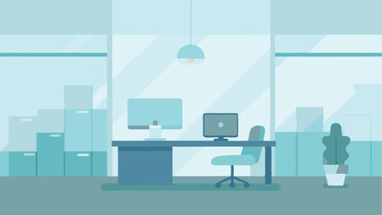 Minimalist office interior illustration featuring desks computers and boxes in blue tones