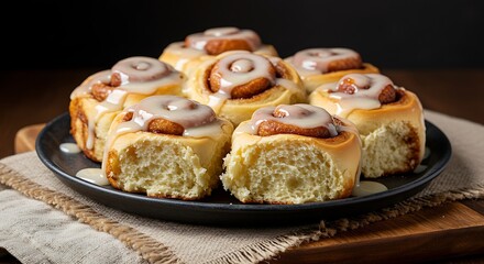 Sweet Cinnamon Rolls: A delectable plate of freshly baked cinnamon rolls, glistening with a rich cream cheese frosting, sits on a rustic wooden surface.