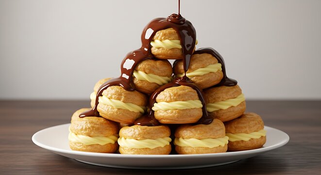 Cream Puffs Cascade: An artful arrangement of golden cream puffs, each generously filled and draped with rich chocolate, sits ready to be savored, an invitation to indulgence.