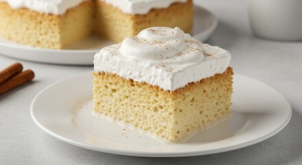 Dreamy Delight: A slice of culinary perfection, a moist and airy cake adorned with a cloud of whipped cream, evokes feelings of sweetness and satisfaction.