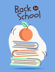 Colorful back to school vertical banner with books, apple and text. Template for education themed designs. Flat vector illustration