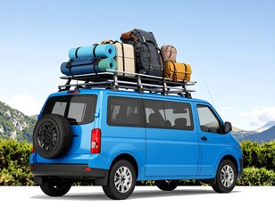 Blue van loaded with camping gear