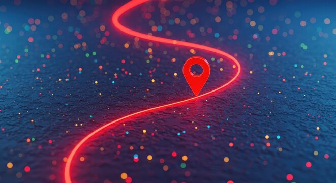 Red location pin on a glowing path with colorful dots indicating a digital network route