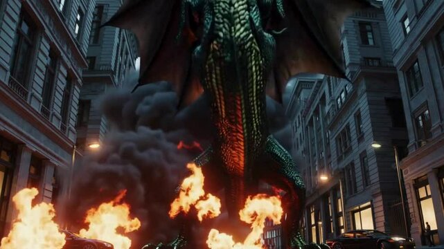 K UHD Video of a Dragon Breathing Fire and Wreaking Havoc on a Busy City Street