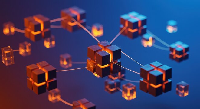 Abstract network of glowing cubes connected by lines on a blue and orange background