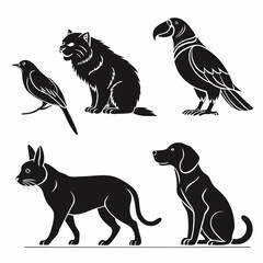 Black silhouettes of cat dog bird parrot animals