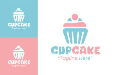 Modern and Fun Cupcake Shop Logo with Light Blue and Pink Swirls for Food Branding