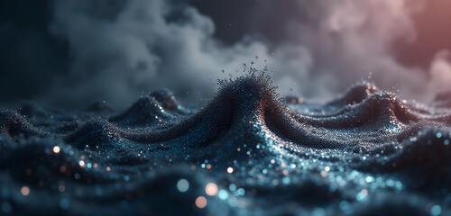 Surreal waves of dark blue color against a background of smoke. Flickering glare, an atmosphere of gloomy fantasy, mysticism. AI generation.