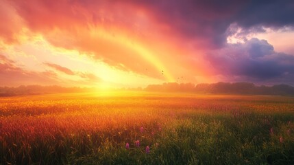 Obraz premium Majestic sunrise over golden field with rainbow hues painting a dreamlike sky