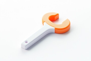 A stylized, two-toned orange and white wrench, possibly plastic, rests on a plain white background.  The image is clean and minimalist
