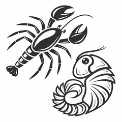 Lobster and crayfish vintage style illustration