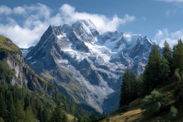 Obraz premium Snowy mountain peak looms over a green valley with trees