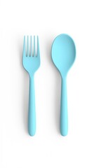 A pale blue plastic fork and spoon set against a stark white background, displayed in a simple, overhead shot