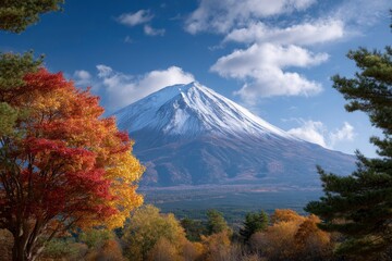 Fototapeta premium Snowy mountain peak under a blue sky with trees framing the view