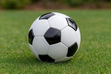 Fototapeta premium Soccer ball black and white sits on green grass outdoors natural light
