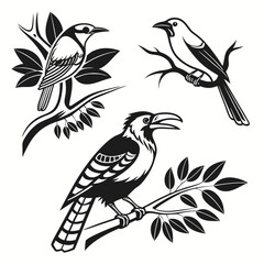 Three birds perched on branches black and white illustration
