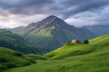 Fototapeta premium Stone house atop a green hill before a towering mountain range under a cloudy sky