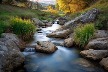 Obraz premium Stream flowing over rocks with grass clumps on either side