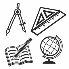 Back to school supplies icons geometry globe pencil