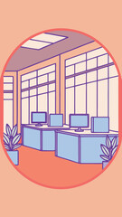 Office interior illustration with desks computers and plants within a soft peach circle