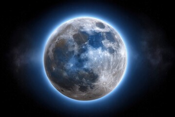 Obraz premium The moon glows with a halo of blue set against a deep starspeckled space backdrop