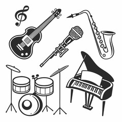 Professional music instruments icons set isolated on white