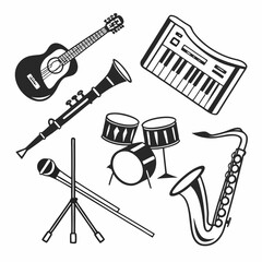 Musical instruments icons set black and white