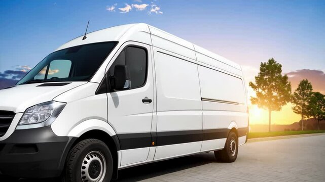 Commercial white delivery van parked outdoors on a concrete surface with trees and sunset in background. Transportation vehicle.