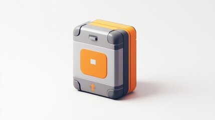 Fototapeta premium A small, gray and orange, square, boxy, 3D-rendered object with a recessed orange panel and a downward-pointing arrow