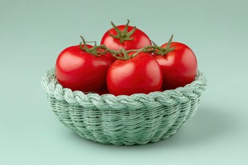 Tomatoes in a woven basket featuring ripe red produce with green stems set against a smooth pale green backdrop