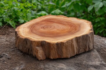 Tree stump section sits on rock concentric wood rings visible greenery background