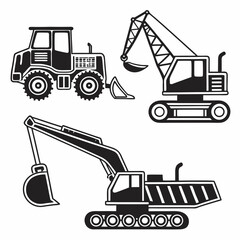 Heavy construction equipment icons tractor excavator crane