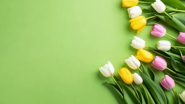Elegant spring floral arrangement featuring white, yellow, and pink tulips on a light green backdrop with ample copy space.
