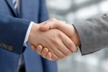 Two people in suit jackets are shaking hands indicating a deal or agreement