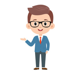 An illustration of a friendly, bespectacled man in a suit presenting something, smiling at the viewer. He wears glasses, a red tie, and a blue jacket