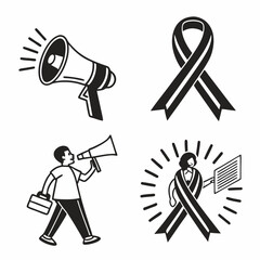 Professional awareness ribbon and megaphone icons set