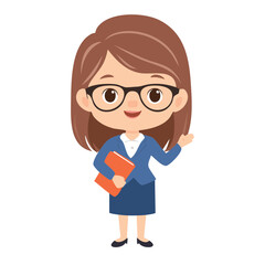 A teacher with glasses holding book, smiling gently