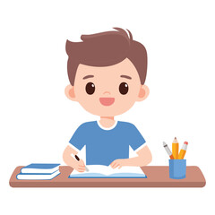 A cartoon illustration of a young boy sitting at a desk, diligently writing in a book, surrounded by pencils and other school supplies