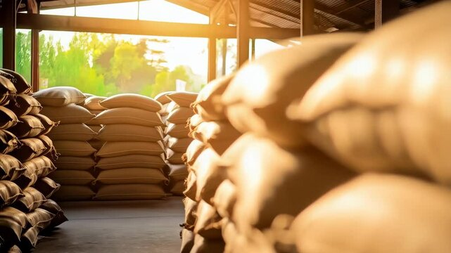 Stacked burlap bags full of grains or agricultural product storage in dim light warehouse illuminated by sun, agriculture industry