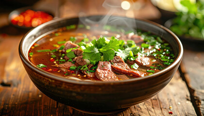 A Steaming bowl of beef pho with rare beef slices, bone broth, and fresh herbs on wooden table