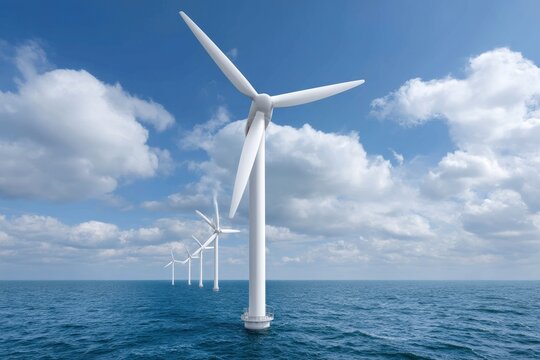 Wind farm with white turbines in ocean under a blue sky with puffy white clouds