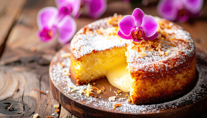 A Sliced coconut lava cake with molten center, topped with purple orchid and dusted with powdered sugar