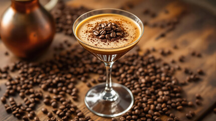 Creamy espresso martini topped with coffee beans sits on wooden table surrounded by scattered coffee beans